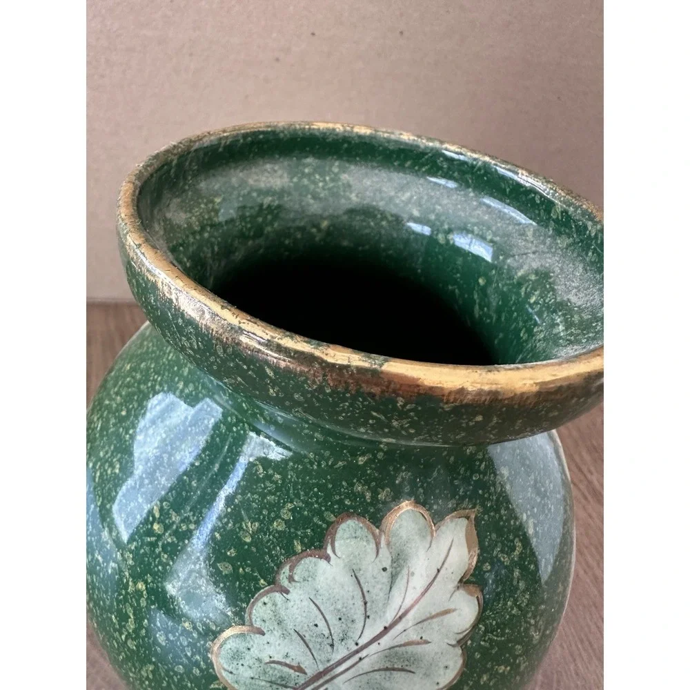 Vintage Italian Majolica Ceramic Vase Mottled Green Gold Leaf Mid Century